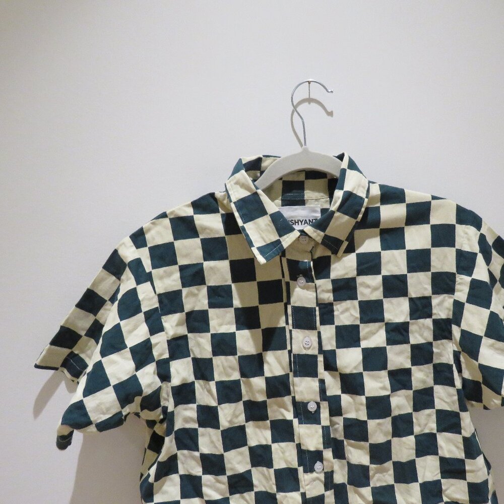 DUSHYANT Hand Printed 'The Cami' Crop Shirt in Green & White Chessboard Mod XS - Picture 3 of 13